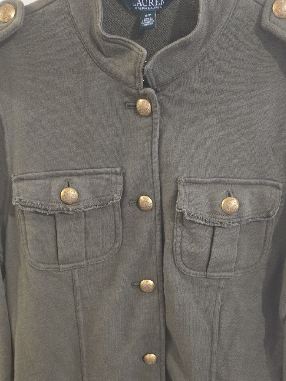 LRL Olive Green French Terry Cargo Utility Fall Jacket Buttons S Military Style - Picture 3 of 10
